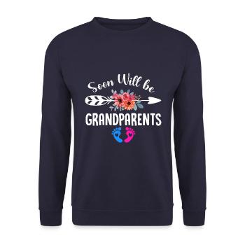 Wir werden bald Großeltern, Wir werden Oma und Opa - Unisex Pullover - Navy - Vorne - Alina (178cm) & Michal (187cm)