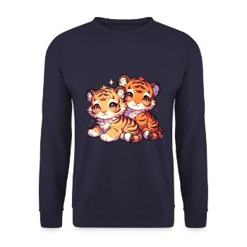 Süße Tigerbaby-Illustration - Zwei Verspielte - Unisex Pullover - Navy - Vorne - Alina (178cm) & Michal (187cm)