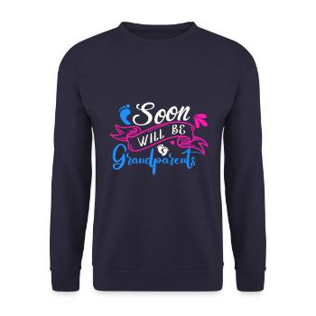 Bald werden wir Oma und Opa, Wir werden Großeltern - Unisex Pullover - Navy - Vorne - Alina (178cm) & Michal (187cm)