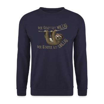 Der Geist Ist willig, der Körper Ist chillig - Unisex Pullover - Navy - Vorne - Alina (178cm) & Michal (187cm)