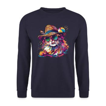 Katze mit Strandhut Sommer - Unisex Pullover - Navy - Vorne - Alina (178cm) & Michal (187cm)
