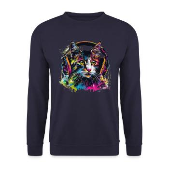 Katze mit großen Kopfhörern - Unisex Pullover - Navy - Vorne - Alina (178cm) & Michal (187cm)
