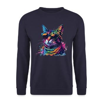 Regenbogen Graffiti Katze mit Sonnenbrille - Unisex Pullover - Navy - Vorne - Alina (178cm) & Michal (187cm)