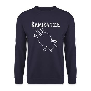 Kamikaze Katze: Abenteuer für jeden Teufelskerl - Unisex Pullover - Navy - Vorne - Alina (178cm) & Michal (187cm)
