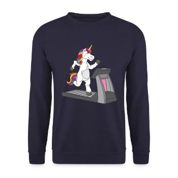 Sportliches Einhorn auf dem Laufband - - Unisex Pullover - Navy - Vorne - Alina (178cm) & Michal (187cm)