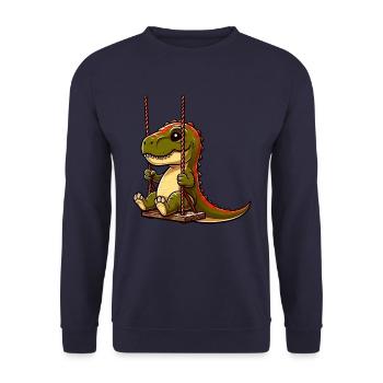 Pensive T-Rex on Playground Swing - Unisex Sweatshirt - navy - Front - Alina (178cm) & Michal (187cm)