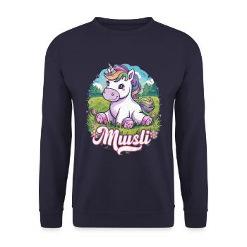 Kawaii Einhorn auf Blumenwiese - Unisex Pullover - Navy - Vorne - Alina (178cm) & Michal (187cm)