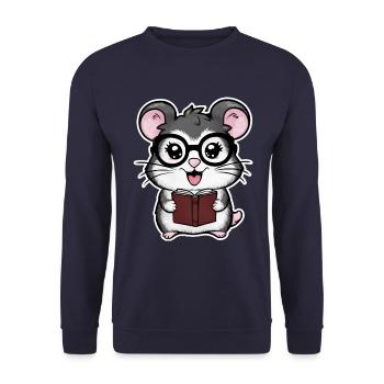 Schnuffiger Kawaii Hamster mit Buch & Lesebrille - Unisex Pullover - Navy - Vorne - Alina (178cm) & Michal (187cm)