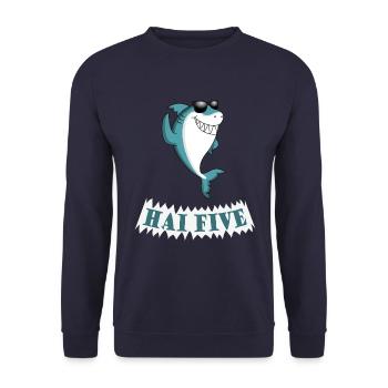 Haifisch High Five oder in dem Fall: HAI FIVE! - Unisex Pullover - Navy - Vorne - Alina (178cm) & Michal (187cm)