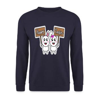 Happy Easter Frohe Ostern süße Osterhasen Lustig - Unisex Pullover - Navy - Vorne - Alina (178cm) & Michal (187cm)