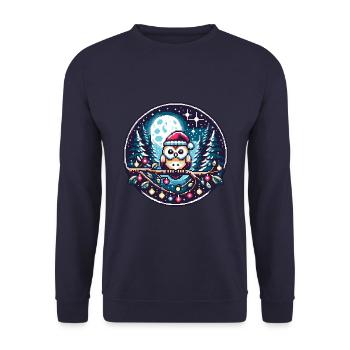 Süße Eule mit Nikolausmütze sitzt auf einem Ast - Unisex Pullover - Navy - Vorne - Alina (178cm) & Michal (187cm)