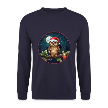 Süße Eule mit Nikolausmütze sitzt auf einem Ast - Unisex Pullover - Navy - Vorne - Alina (178cm) & Michal (187cm)