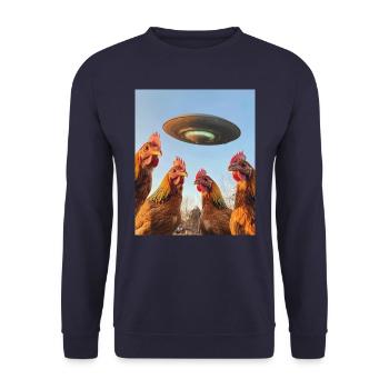 Hühner Selfie UFOs - Unisex Pullover - Navy - Vorne - Alina (178cm) & Michal (187cm)