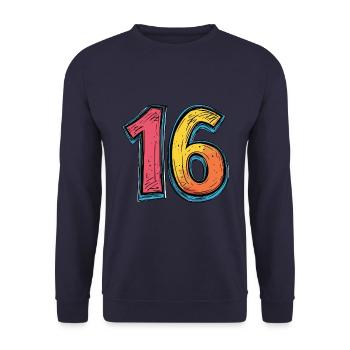 16 Zahl Bunt - Unisex Pullover - Navy - Vorne - Alina (178cm) & Michal (187cm)
