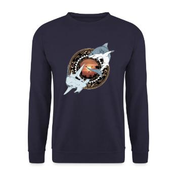 Hammerhai Weißer Hai Hawaiianisch - Unisex Pullover - Navy - Vorne - Alina (178cm) & Michal (187cm)