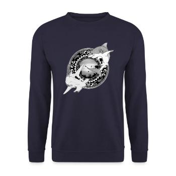 Hammerhai Weißer Hai Hawaiianisch - Unisex Pullover - Navy - Vorne - Alina (178cm) & Michal (187cm)