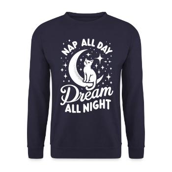Official Sleep Shirt - Cat Moon Stars - Unisex Sweatshirt - navy - Front - Alina (178cm) & Michal (187cm)