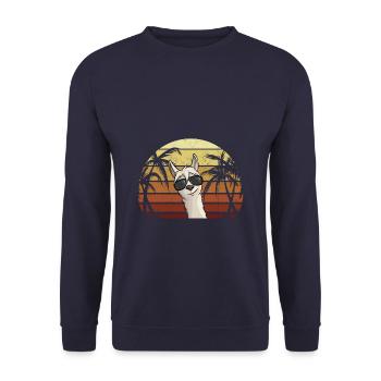 80er Retro Style Alpaka mit Sonnenbrille Hipster L - Unisex Pullover - Navy - Vorne - Alina (178cm) & Michal (187cm)
