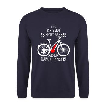 ICH KANN ES NICHT BESSER ABER DAFÜR LÄNGER Ebike - Unisex Pullover - Navy - Vorne - Alina (178cm) & Michal (187cm)