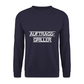 Auftragsgriller, Grill Auftrag Spruch Schrift - Unisex Pullover - Navy - Vorne - Alina (178cm) & Michal (187cm)