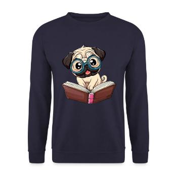 Pug of the bookworm: Bookworm with glasses - Unisex Sweatshirt - navy - Front - Alina (178cm) & Michal (187cm)