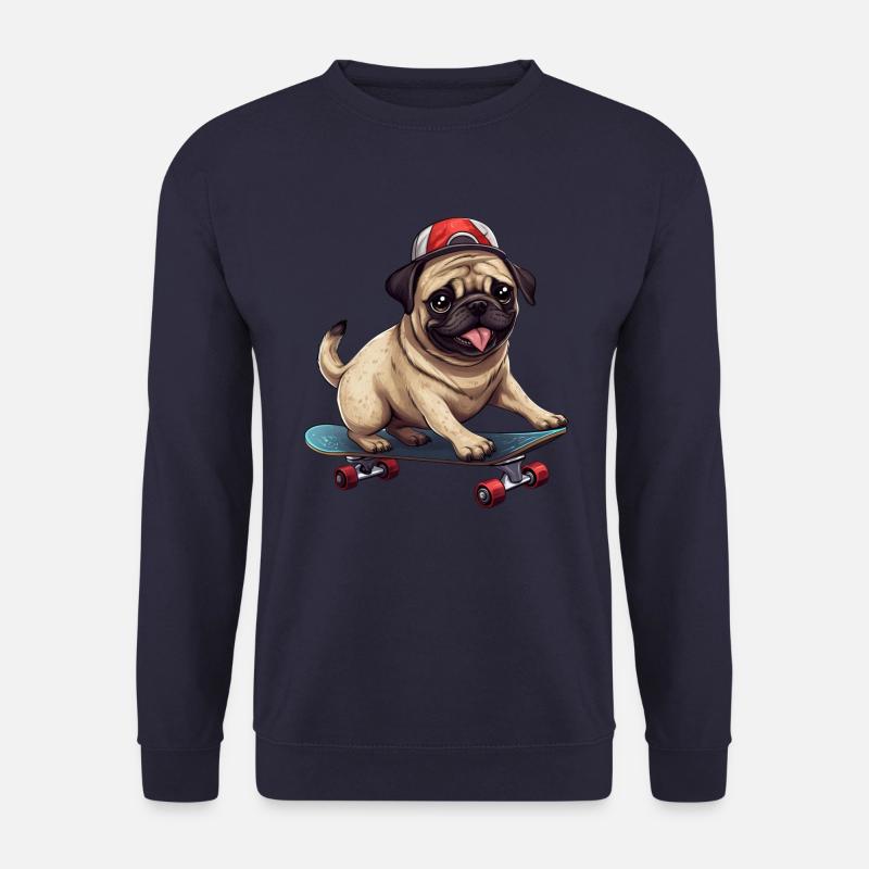 Skateboardender Mops: Dynamisches Hund- und - Unisex Pullover - Navy