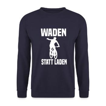 Waden Statt Laden Lustiger Fahrrad Spruch - Unisex Pullover - Navy - Vorne - Alina (178cm) & Michal (187cm)