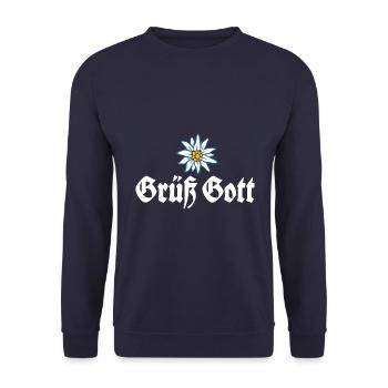 Grüß Gott - Alpen Edelweiß aus Bayern - Unisex Pullover - Navy - Vorne - Alina (178cm) & Michal (187cm)