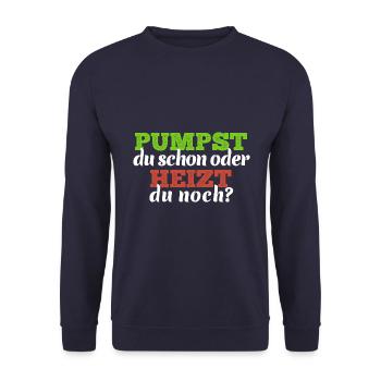 Pumpst du schon oder heizt du noch Elektro Heizung - Unisex Pullover - Navy - Vorne - Alina (178cm) & Michal (187cm)