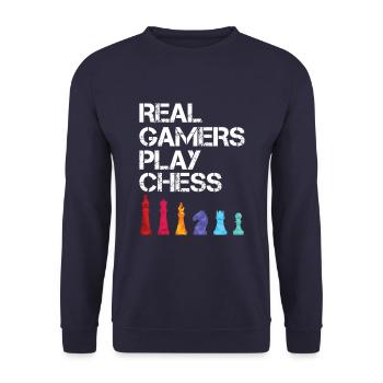 Echte Spieler Spielen Schach Spruch Schachspieler - Unisex Pullover - Navy - Vorne - Alina (178cm) & Michal (187cm)