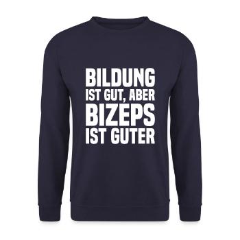 Bildung Ist Gut, Aber Bizeps Ist Guter - Lustig - Unisex Pullover - Navy - Vorne - Alina (178cm) & Michal (187cm)