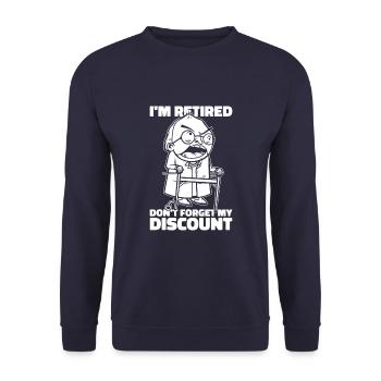 Rentner Rente Witzig Dont Forget My Discount - Unisex Pullover - Navy - Vorne - Alina (178cm) & Michal (187cm)
