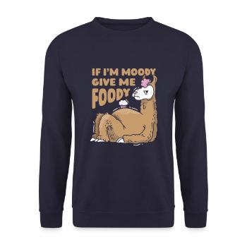 Lama Llama Lustig If Im Moody Give Me Foody - Unisex Pullover - Navy - Vorne - Alina (178cm) & Michal (187cm)