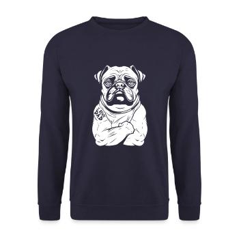 Mops Hund Bizeps Tattoo I Love Dad - Unisex Pullover - Navy - Vorne - Alina (178cm) & Michal (187cm)