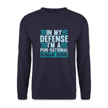 Schwarzer Humor Lustiges Wortspiel In My Defense - Unisex Pullover - Navy - Vorne - Alina (178cm) & Michal (187cm)