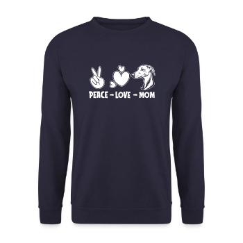 Greyhound Windhund Peace Love Dog Mom - Unisex Sweatshirt - navy - Front - Alina (178cm) & Michal (187cm)