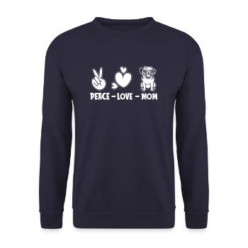 Mops Hund Peace Love Dog Mom - Unisex Pullover - Navy - Vorne - Alina (178cm) & Michal (187cm)
