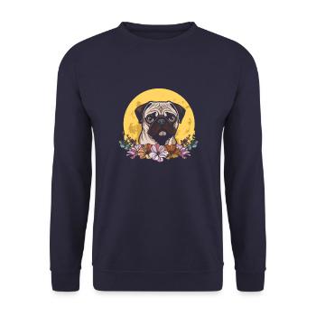 Mops Hund Wilde Blumen Floral Moon - Unisex Pullover - Navy - Vorne - Alina (178cm) & Michal (187cm)