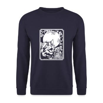 Katze Japan Cherry Blossom Moon - Unisex Pullover - Navy - Vorne - Alina (178cm) & Michal (187cm)
