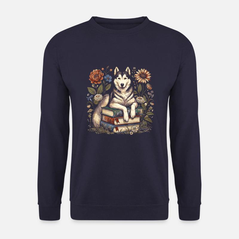 Siberian Husky Blumenbuchleser Floralcottagecore - Unisex Pullover - Navy