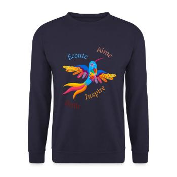 Mehrfarbiger Vogel mit inspirierenden Worten - Unisex Pullover - Navy - Vorne - Alina (178cm) & Michal (187cm)