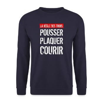 Règle des Trois : POUSSER, PLAQUER, COURIR (Rugby) - Sweat-shirt Unisexe - marine - Devant - Alina (178cm) & Michal (187cm)