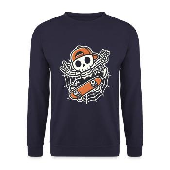 Halloween, Skateboard, Skelett, Spinnennetz - Unisex Pullover - Navy - Vorne - Alina (178cm) & Michal (187cm)