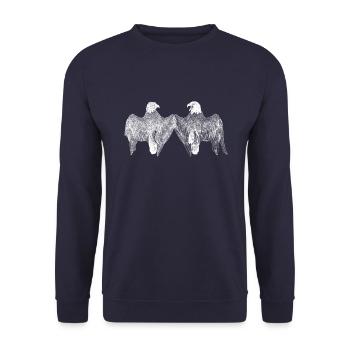 2 Weisskopfadler von hinten, Struktur, Weiß - Unisex Pullover - Navy - Vorne - Alina (178cm) & Michal (187cm)