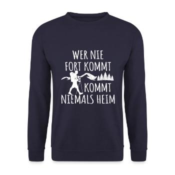 Wer nie fort kommt kommt niemals heim - Herren - Unisex Pullover - Navy - Vorne - Alina (178cm) & Michal (187cm)