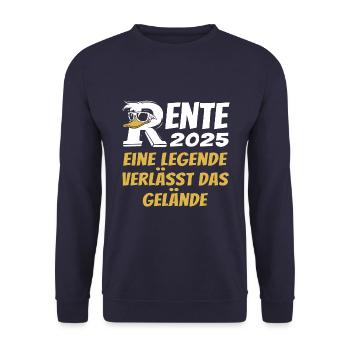 Rente Ente 2025 Eine Legende verlässt das Gelände - Unisex Pullover - Navy - Vorne - Alina (178cm) & Michal (187cm)