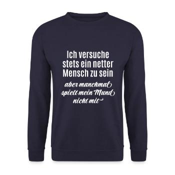 Ich versuche ein netter Mensch zu sein - Spruch - Unisex Pullover - Navy - Vorne - Alina (178cm) & Michal (187cm)