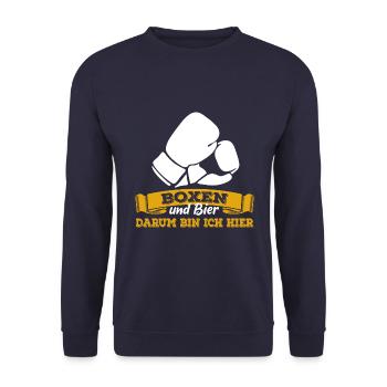 Boxen und Bier, darum bin ich hier - Spruch - Unisex Pullover - Navy - Vorne - Alina (178cm) & Michal (187cm)