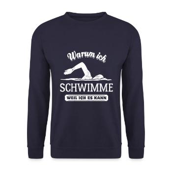 Warum ich schwimme? Weil ich es kann Spruch - Unisex Pullover - Navy - Vorne - Alina (178cm) & Michal (187cm)