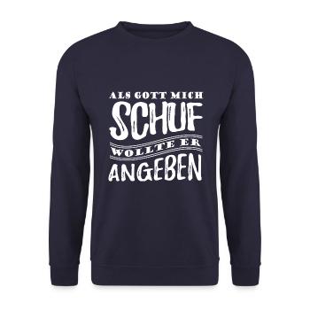 Als Gott mich schuf wollte er angeben - Spruch - Unisex Pullover - Navy - Vorne - Alina (178cm) & Michal (187cm)